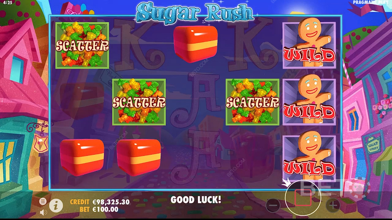 Free Spins are activated by landing at least 3 Scatters in the Sugar Rush slot game