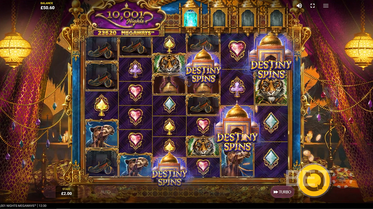 At least 3 Destiny Spins symbols will trigger Free Spins in the 10001 Nights Megaways slot