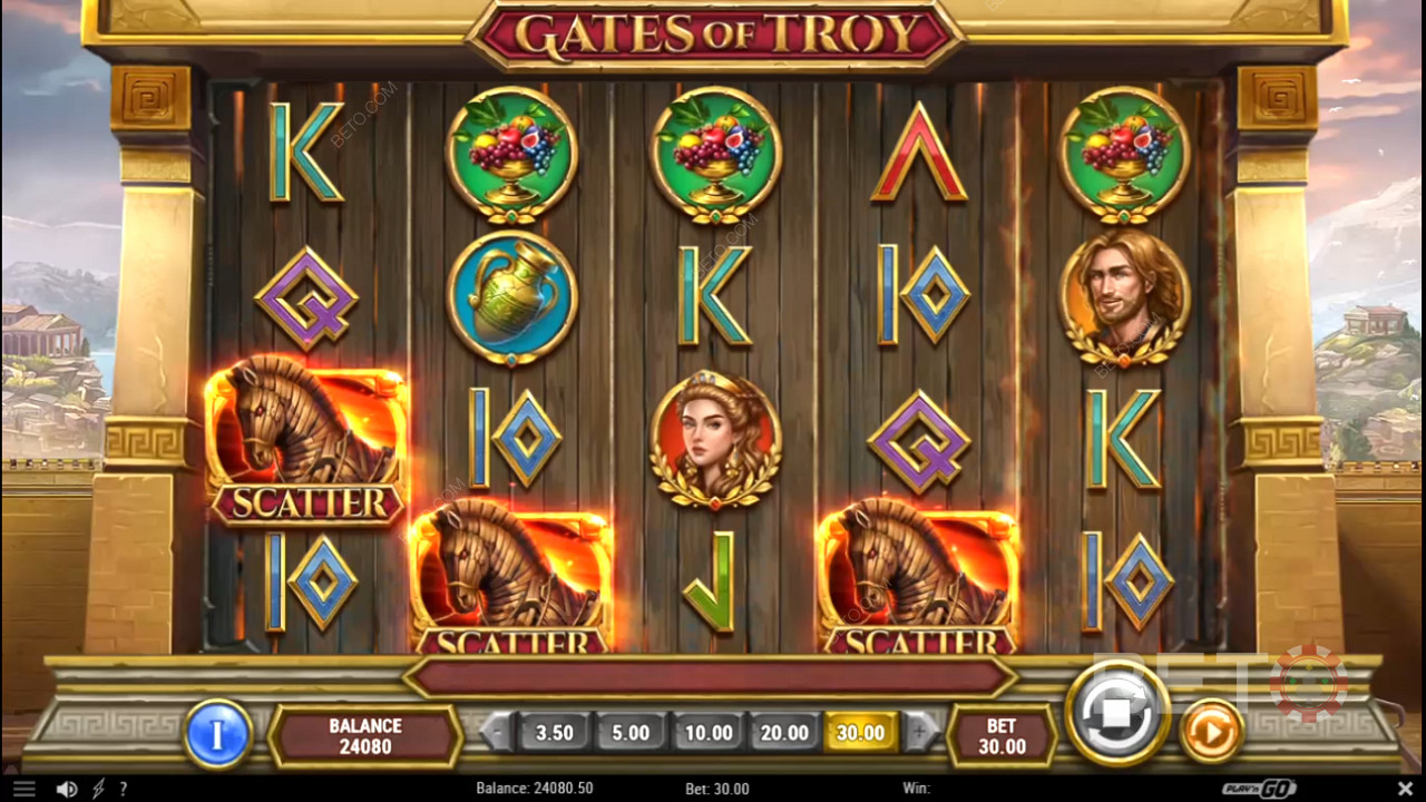 3 or more Scatters will award Free Spins in Gates of Troy casino game