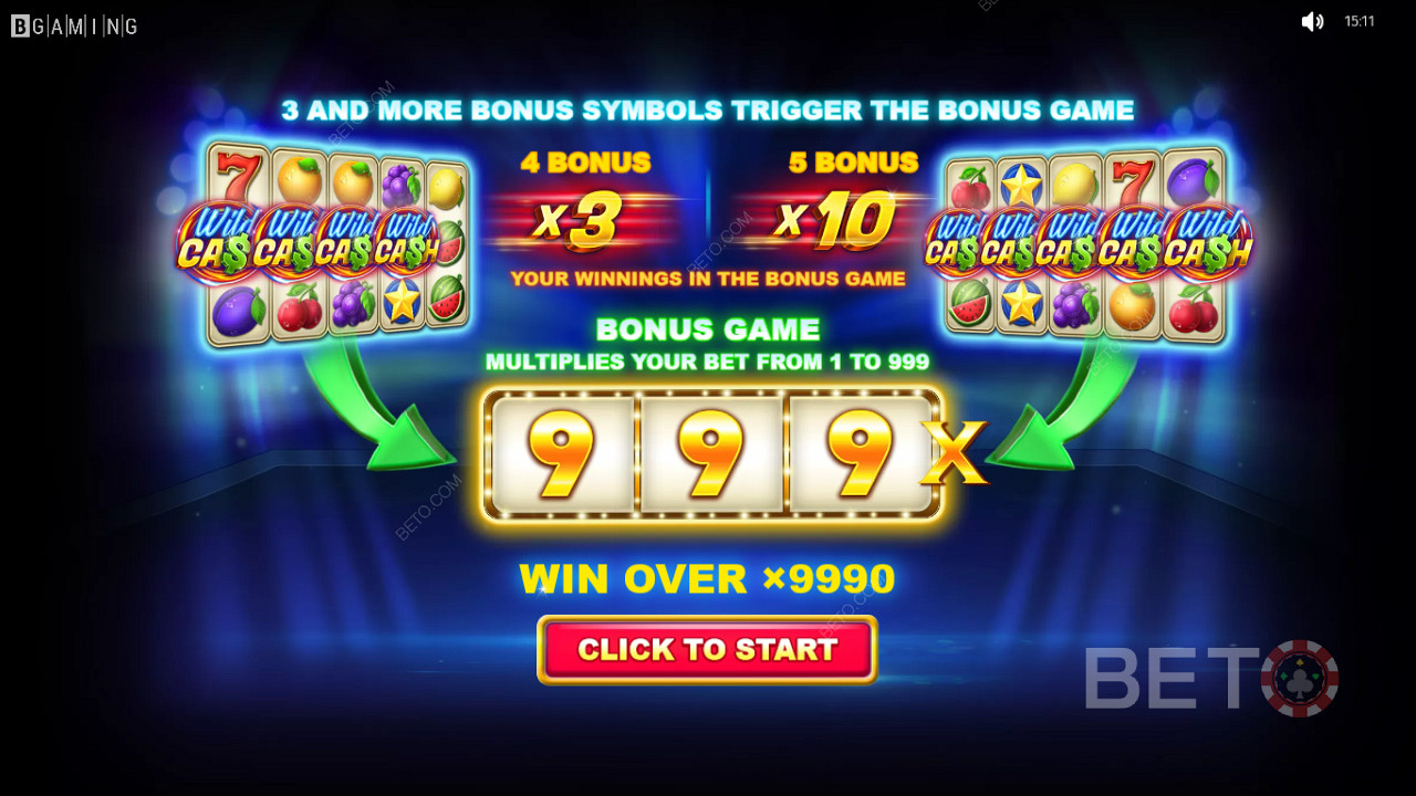 Enjoy a Max Win of 9,990x of your stake in the Wild Cash x9990 slot machine