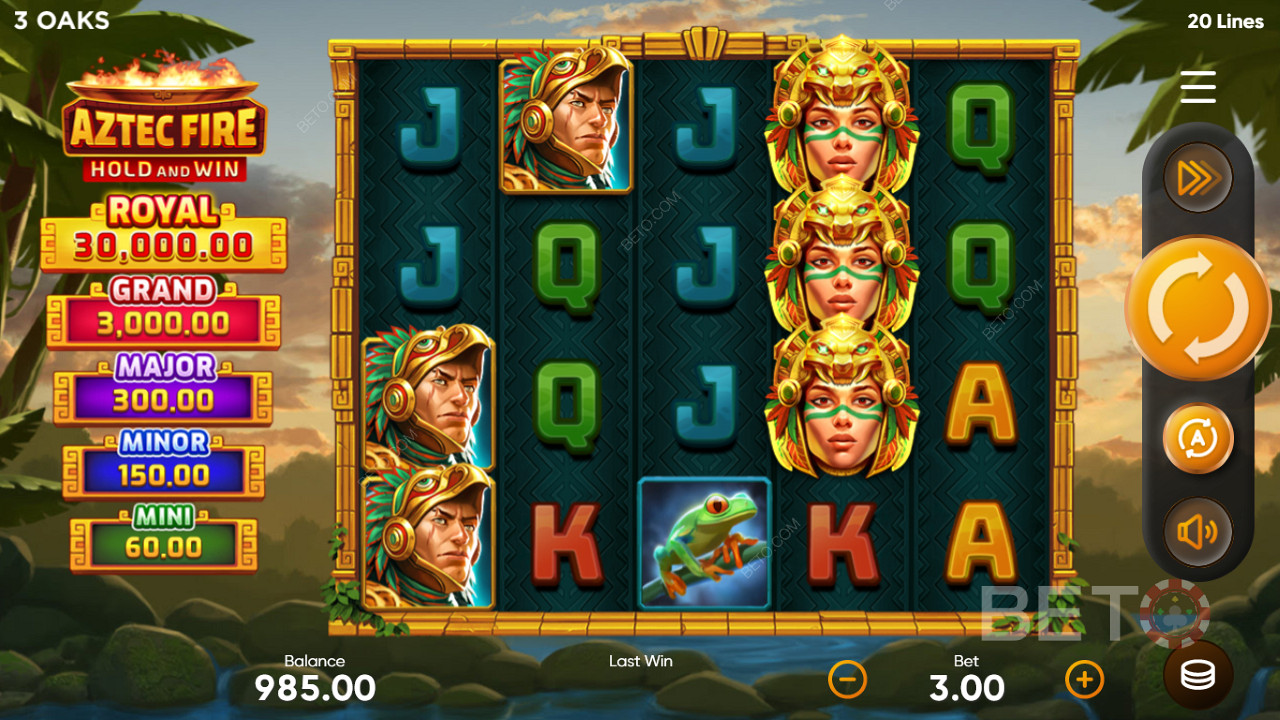 Win as much as 10,000x of your bet in the Aztec Fire: Hold and Win slot