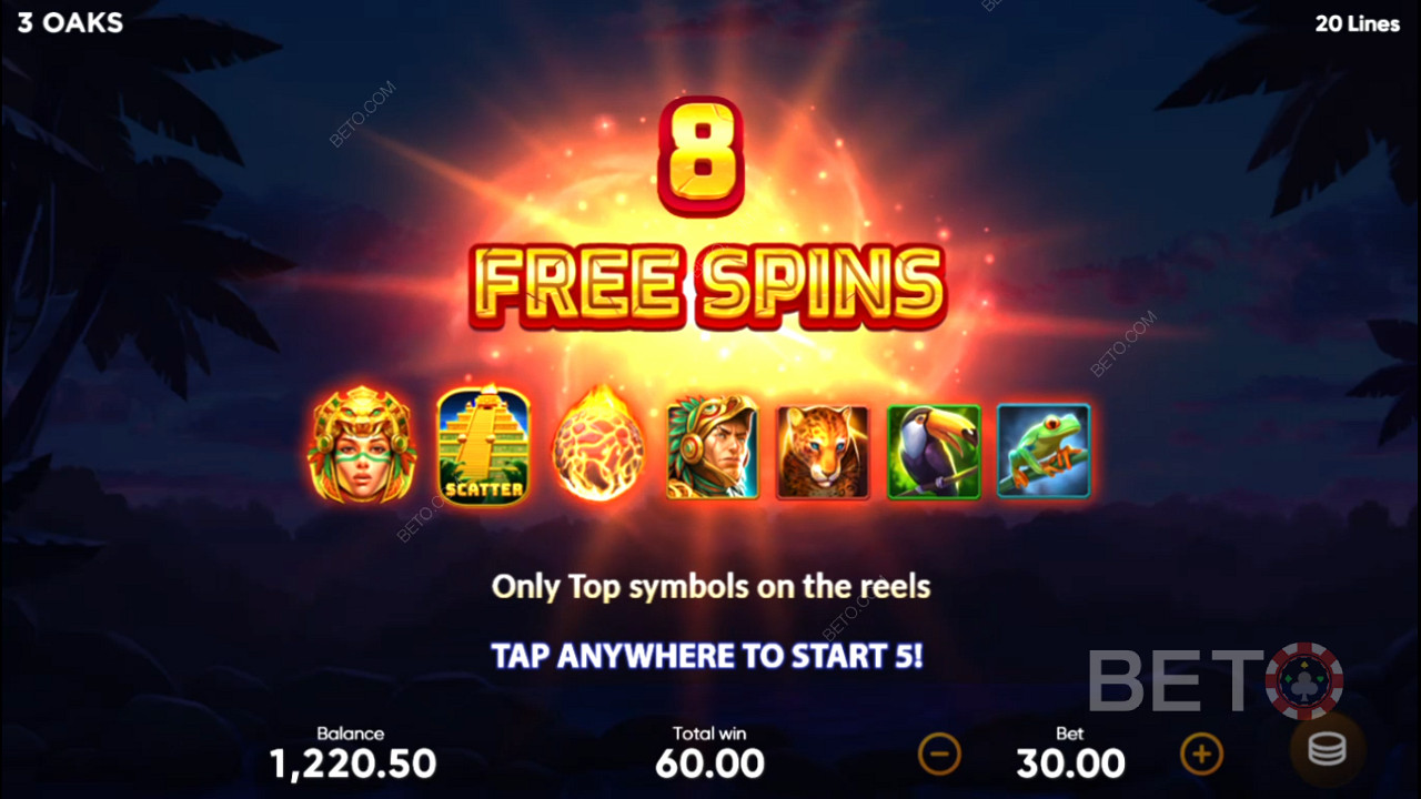 Land 3 Scatters to trigger 8 Free Spins with only high-paying symbols