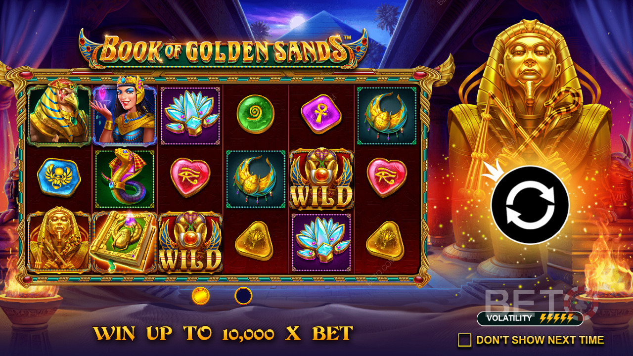 Win as much as 10,000x of your stake in the Book of Golden Sands slot