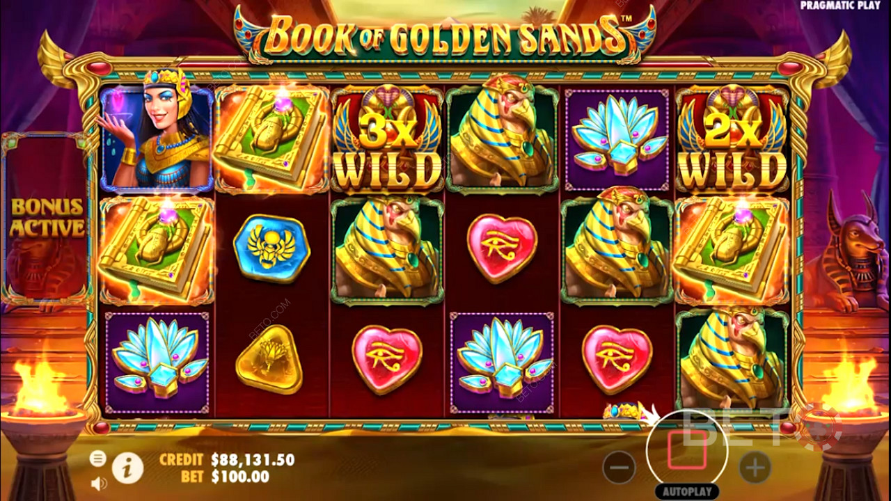 Multiplier Wilds appear in the Book of Golden Sands online slot