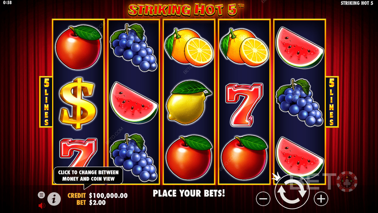 Play Striking Hot 5 today and get a chance to win real money prizes worth 5,000x the bet