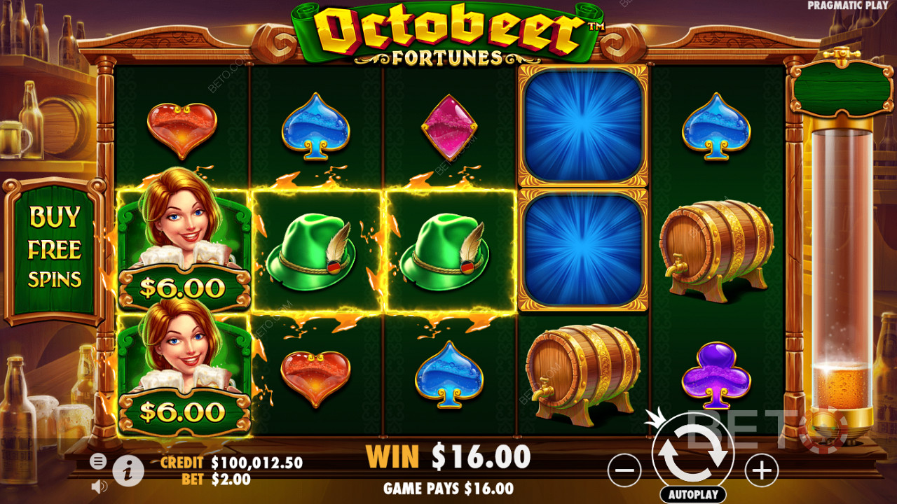 Money symbols land often even in the base game in the Octobeer Fortunes slot