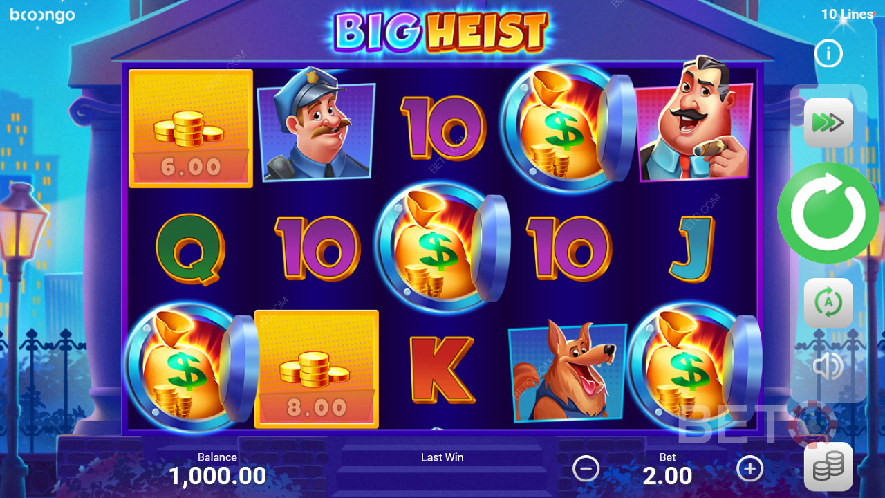 Big Heist is a confrontation against all stakes across a 5x3 grid and 10 fixed paylines