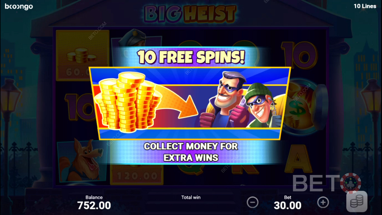 Land 3 Scatter symbols to activate the Free Spins feature & earn 10 additional free spins