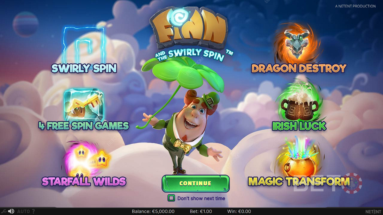 Enjoy a wide range of exciting features in Finn and the Swirly Spin online slot