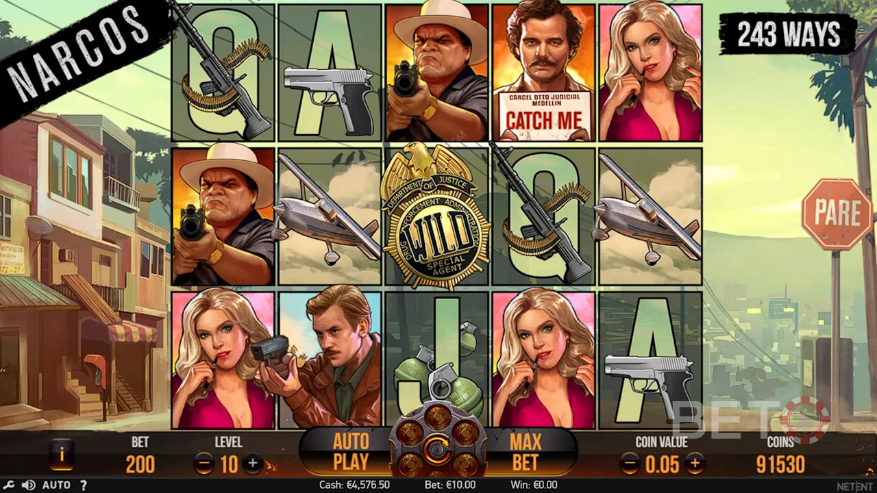 Enjoy a super fun theme with different elements in the Narcos slot