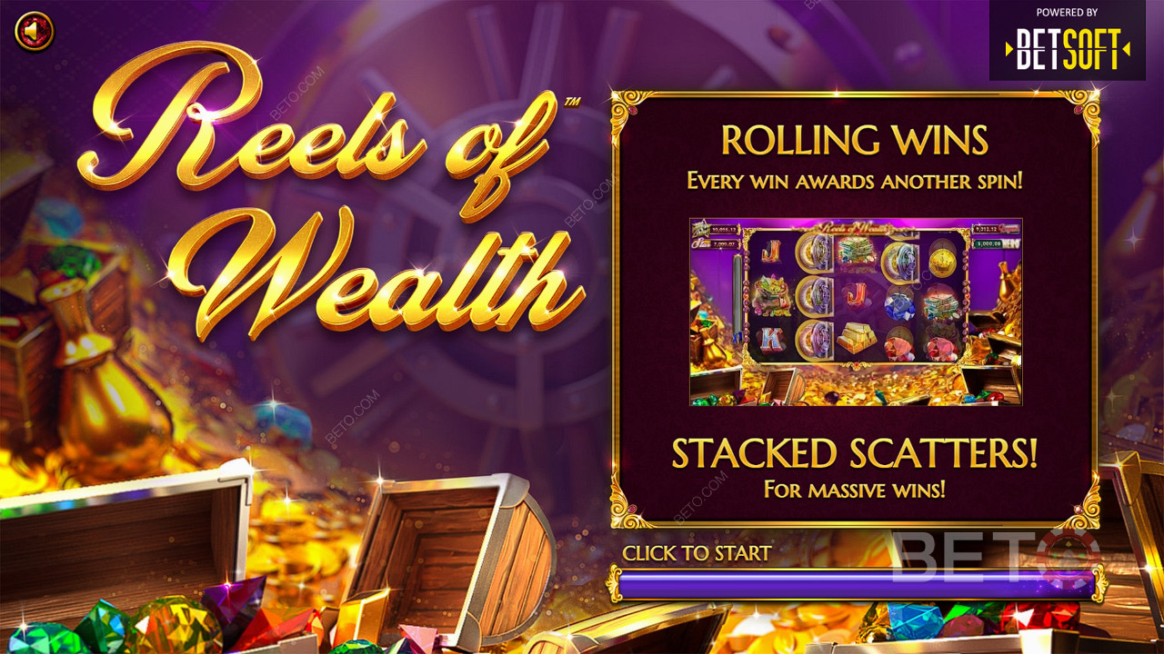 Features like Rolling Wins and Scatter Pays complement each other in Reels of Wealth slot
