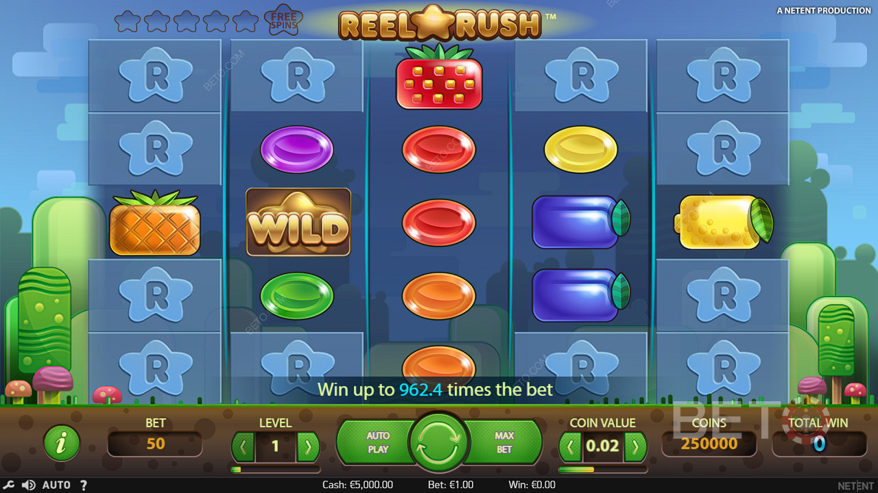 Wild symbols often appear to help create wins in the Reel Rush slot machine
