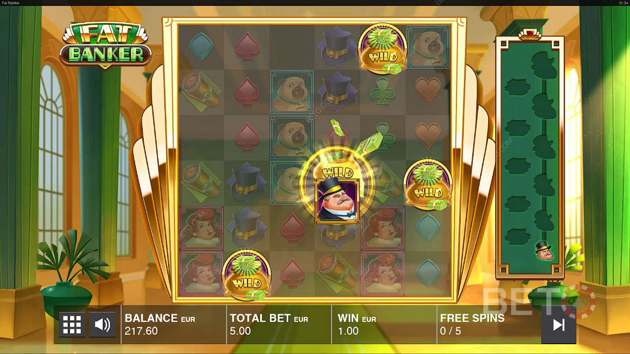 The banker collects the Wilds and grows in size in the Free Spins in the Fat Banker slot