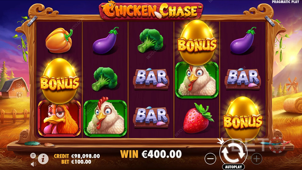 Win 210x Your bet in the Chicken Chase Slot Machine!
