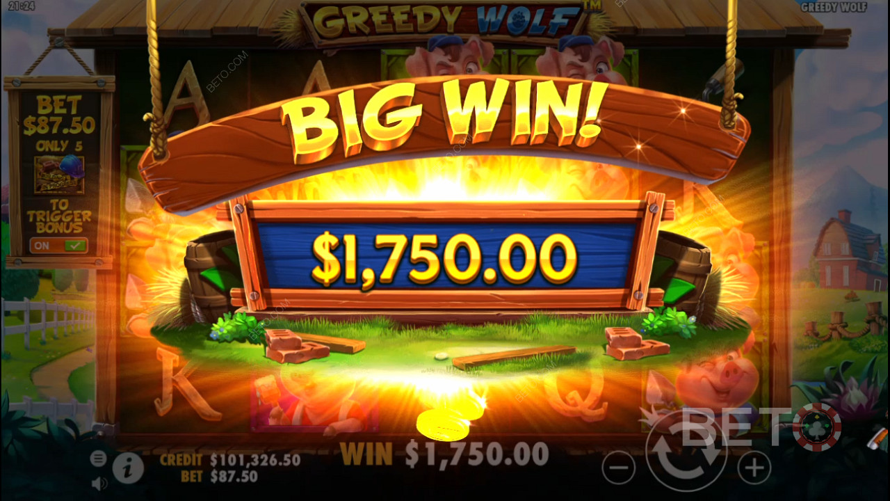 Get massive wins in the base game in the Greedy Wolf slot