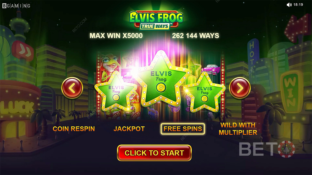 Free Spins, Multiplier Wilds, and more features are available in Elvis Frog TrueWays slot