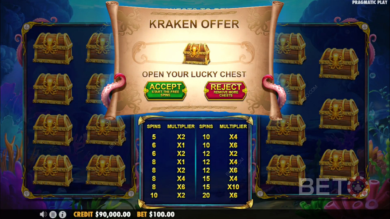 Accept the offer or try your luck in the mini-game in Release the Kraken 2 online slot