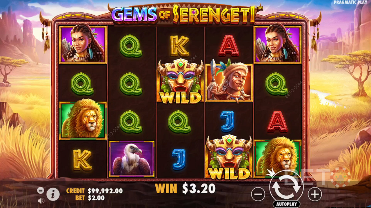 Enjoy beautiful graphics and theme in the Gems of Serengeti online slot