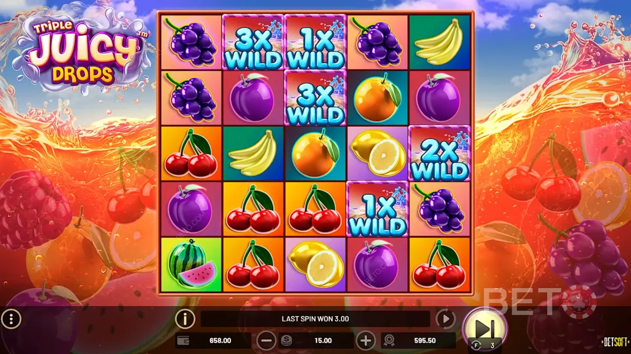 Colourful graphics and an exciting musical score awaits you in this fruity casino saga